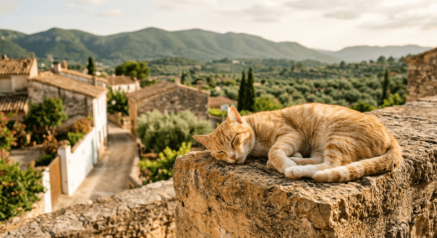 Gato atigrado naranja con la oreja marcada descansando sobre un muro de piedra al sol