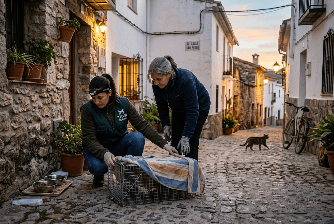 Voluntarias colocando una jaula trampa junto a un comedero al anochecer